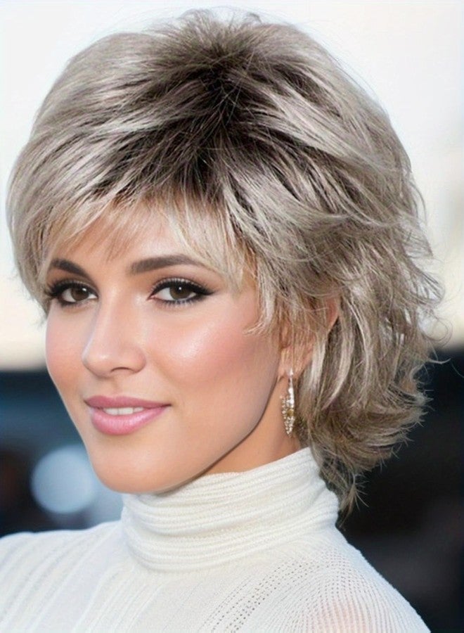 TISHINING Pixie Cut Short Ombre Gray Curly Wigs for White Women Fluffy Layered Mixed Grey Wig with Bangs Natural Looking Synthetic Daily Party Wig - Image 1